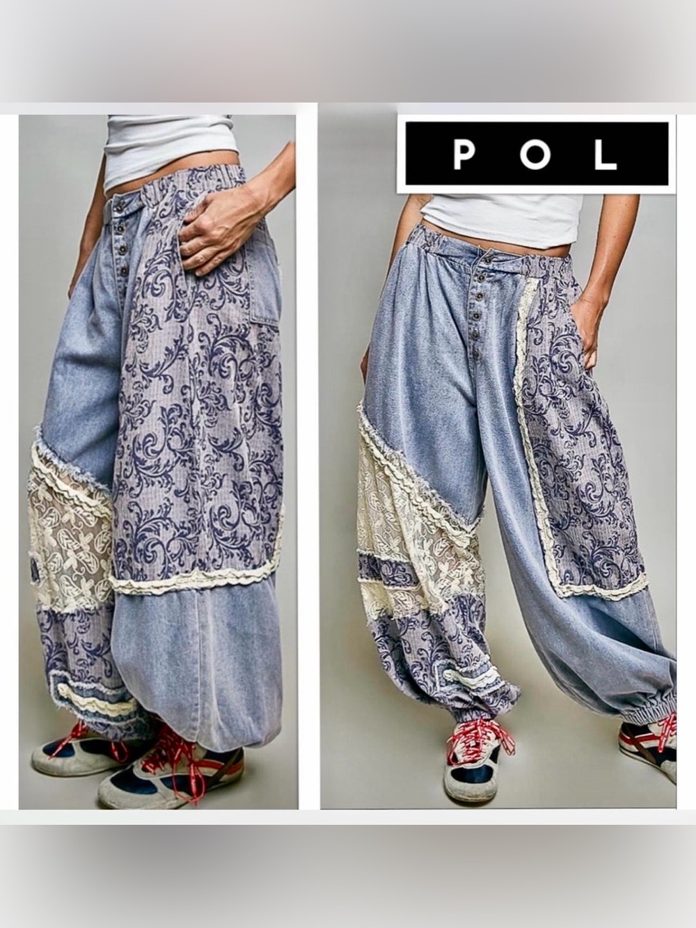 POL Light Blue Patchwork Wide-Leg Pants with Cream Lace Trim